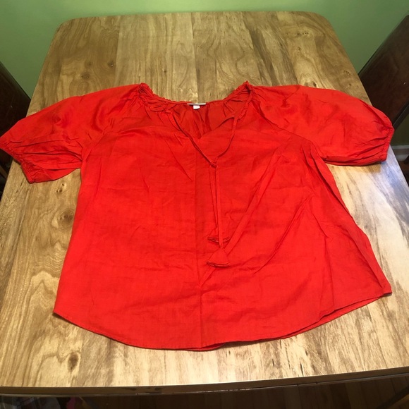 Knox Rose Tops - Knox Rose Orange Red Lightweight Cotton Short Sleeve Front Tie Tassels Shirt XXL